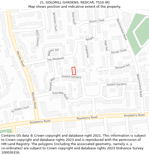 21, GOLDRILL GARDENS, REDCAR, TS10 4FJ: Location map and indicative extent of plot