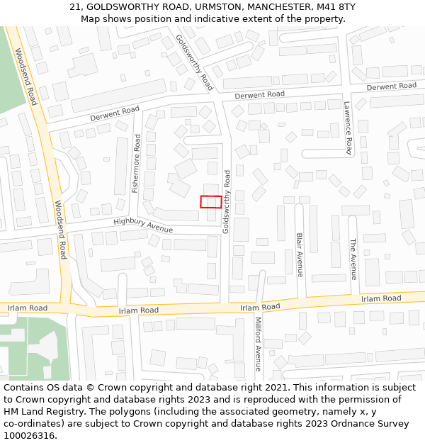 21, GOLDSWORTHY ROAD, URMSTON, MANCHESTER, M41 8TY: Location map and indicative extent of plot