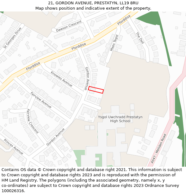 21, GORDON AVENUE, PRESTATYN, LL19 8RU: Location map and indicative extent of plot