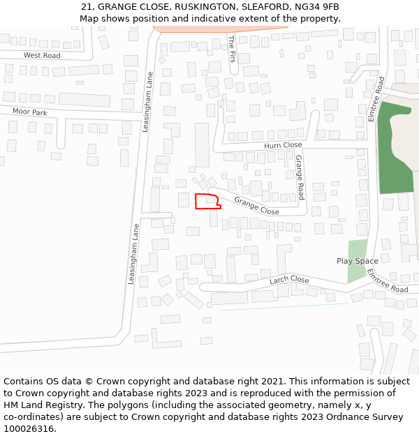 21, GRANGE CLOSE, RUSKINGTON, SLEAFORD, NG34 9FB: Location map and indicative extent of plot