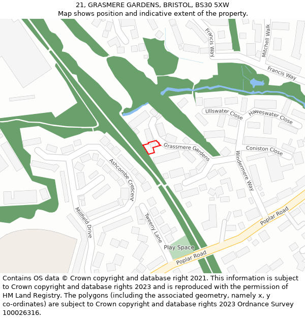 21, GRASMERE GARDENS, BRISTOL, BS30 5XW: Location map and indicative extent of plot