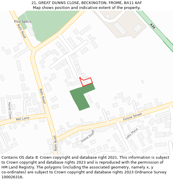 21, GREAT DUNNS CLOSE, BECKINGTON, FROME, BA11 6AF: Location map and indicative extent of plot