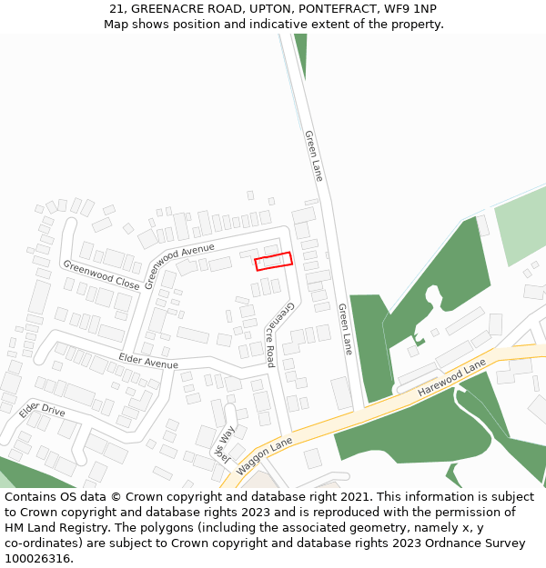 21, GREENACRE ROAD, UPTON, PONTEFRACT, WF9 1NP: Location map and indicative extent of plot