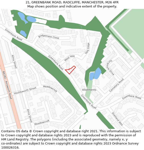 21, GREENBANK ROAD, RADCLIFFE, MANCHESTER, M26 4FR: Location map and indicative extent of plot