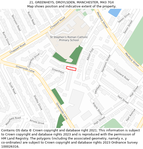 21, GREENHEYS, DROYLSDEN, MANCHESTER, M43 7GX: Location map and indicative extent of plot