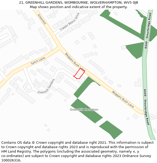 21, GREENHILL GARDENS, WOMBOURNE, WOLVERHAMPTON, WV5 0JB: Location map and indicative extent of plot