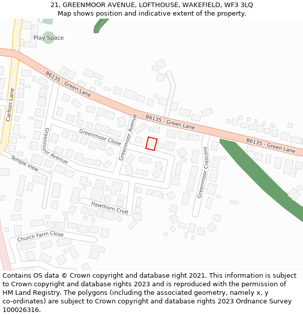 21, GREENMOOR AVENUE, LOFTHOUSE, WAKEFIELD, WF3 3LQ: Location map and indicative extent of plot