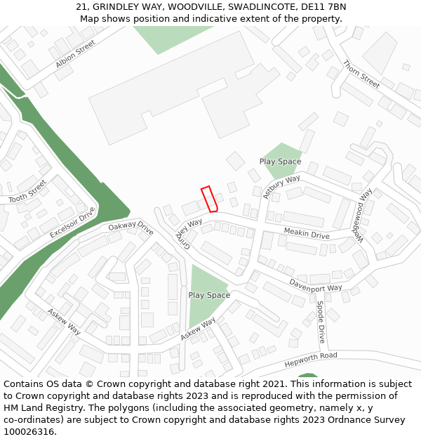 21, GRINDLEY WAY, WOODVILLE, SWADLINCOTE, DE11 7BN: Location map and indicative extent of plot