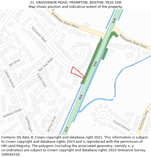 21, GROSVENOR ROAD, FRAMPTON, BOSTON, PE20 1DB: Location map and indicative extent of plot