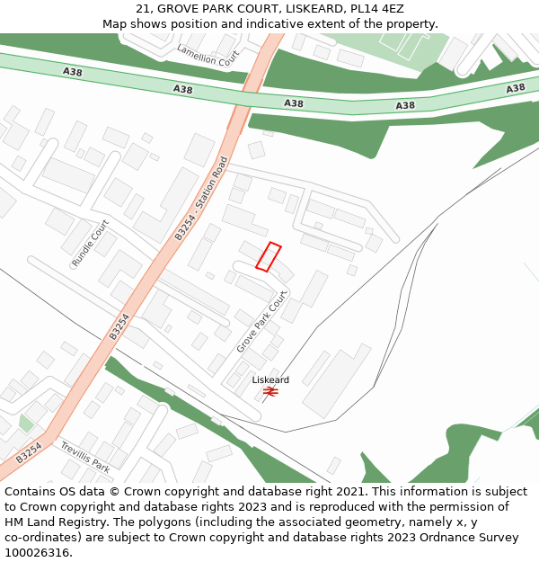 21, GROVE PARK COURT, LISKEARD, PL14 4EZ: Location map and indicative extent of plot