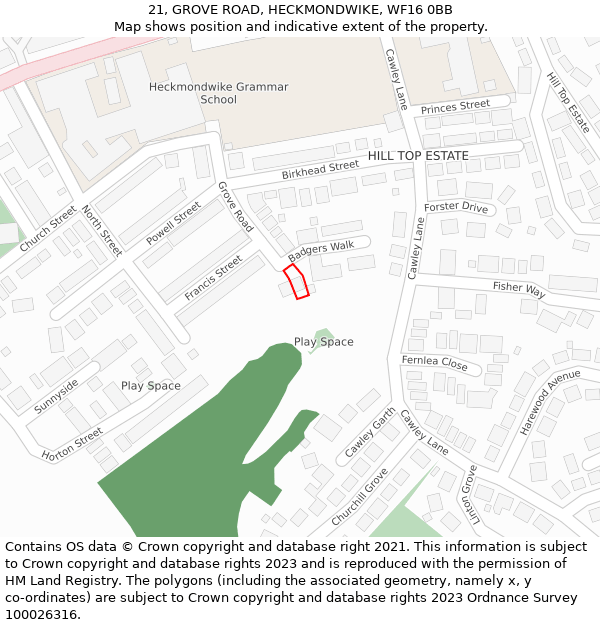 21, GROVE ROAD, HECKMONDWIKE, WF16 0BB: Location map and indicative extent of plot