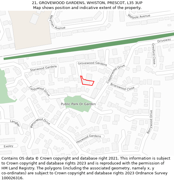 21, GROVEWOOD GARDENS, WHISTON, PRESCOT, L35 3UP: Location map and indicative extent of plot