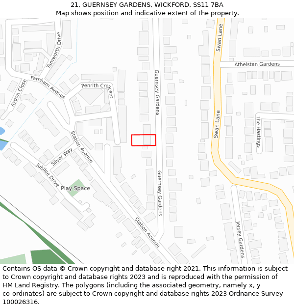 21, GUERNSEY GARDENS, WICKFORD, SS11 7BA: Location map and indicative extent of plot