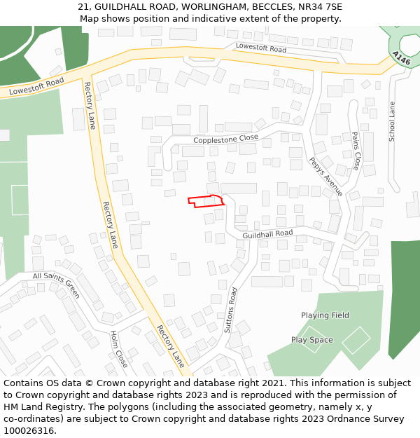 21, GUILDHALL ROAD, WORLINGHAM, BECCLES, NR34 7SE: Location map and indicative extent of plot