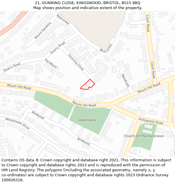 21, GUNNING CLOSE, KINGSWOOD, BRISTOL, BS15 8BQ: Location map and indicative extent of plot