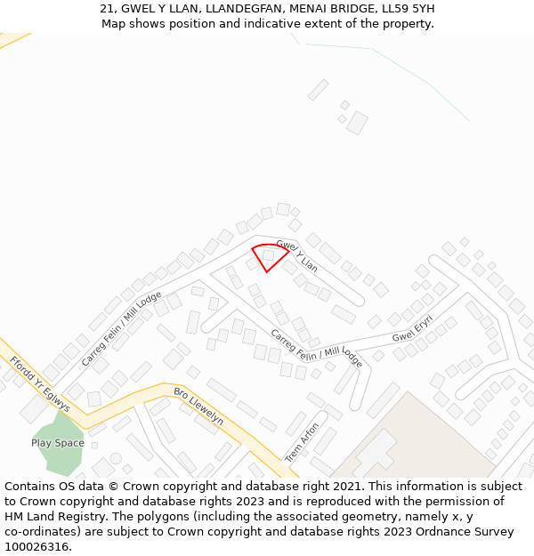 21, GWEL Y LLAN, LLANDEGFAN, MENAI BRIDGE, LL59 5YH: Location map and indicative extent of plot
