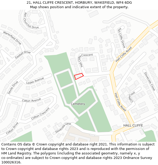 21, HALL CLIFFE CRESCENT, HORBURY, WAKEFIELD, WF4 6DG: Location map and indicative extent of plot