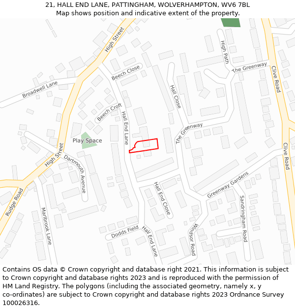 21, HALL END LANE, PATTINGHAM, WOLVERHAMPTON, WV6 7BL: Location map and indicative extent of plot