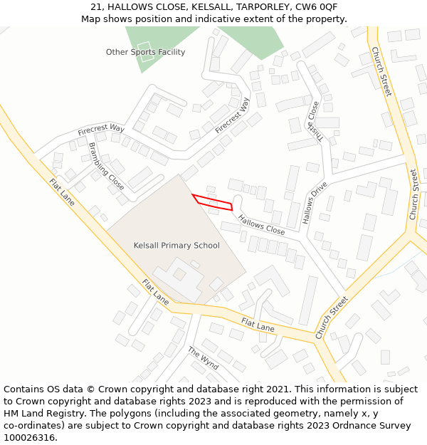 21, HALLOWS CLOSE, KELSALL, TARPORLEY, CW6 0QF: Location map and indicative extent of plot