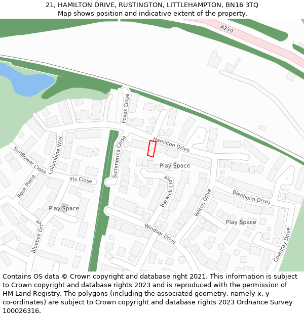 21, HAMILTON DRIVE, RUSTINGTON, LITTLEHAMPTON, BN16 3TQ: Location map and indicative extent of plot