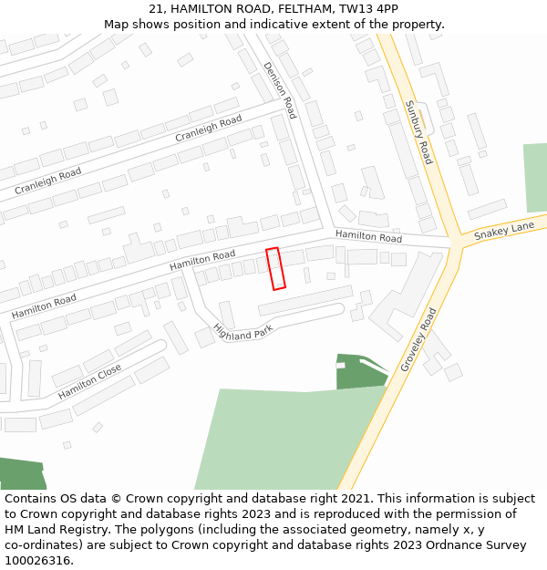 21, HAMILTON ROAD, FELTHAM, TW13 4PP: Location map and indicative extent of plot