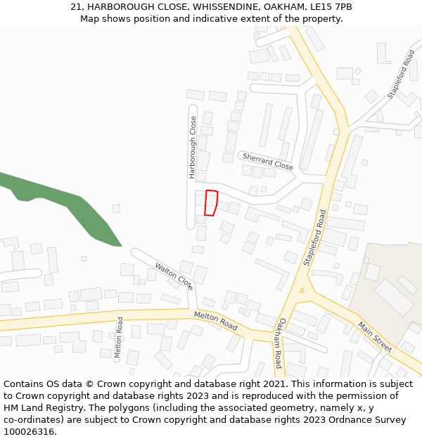 21, HARBOROUGH CLOSE, WHISSENDINE, OAKHAM, LE15 7PB: Location map and indicative extent of plot