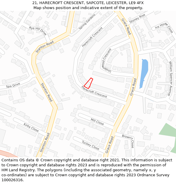 21, HARECROFT CRESCENT, SAPCOTE, LEICESTER, LE9 4FX: Location map and indicative extent of plot