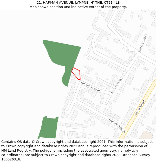 21, HARMAN AVENUE, LYMPNE, HYTHE, CT21 4LB: Location map and indicative extent of plot