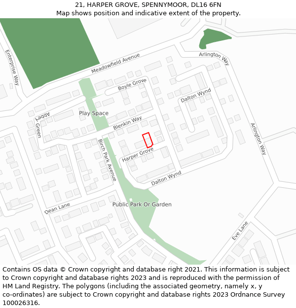 21, HARPER GROVE, SPENNYMOOR, DL16 6FN: Location map and indicative extent of plot