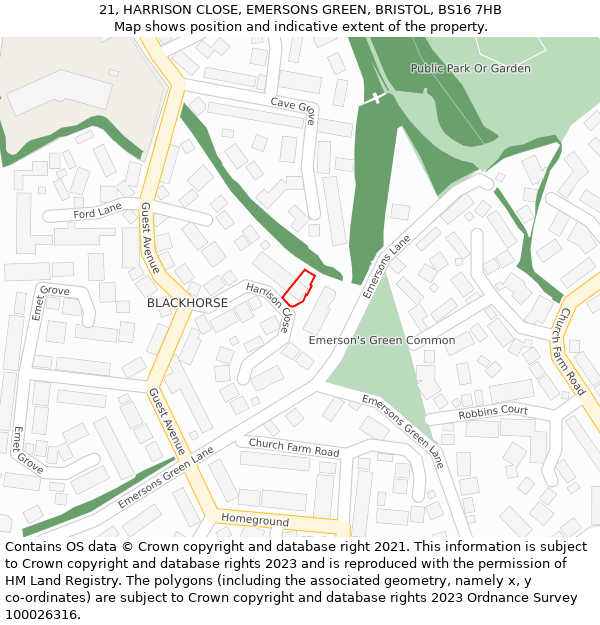 21, HARRISON CLOSE, EMERSONS GREEN, BRISTOL, BS16 7HB: Location map and indicative extent of plot