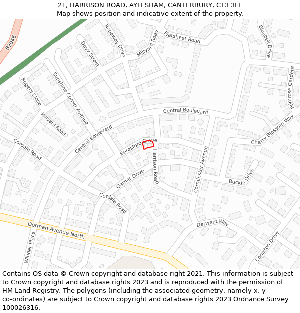 21, HARRISON ROAD, AYLESHAM, CANTERBURY, CT3 3FL: Location map and indicative extent of plot