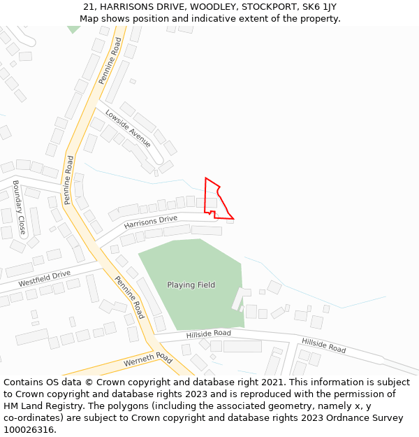 21, HARRISONS DRIVE, WOODLEY, STOCKPORT, SK6 1JY: Location map and indicative extent of plot