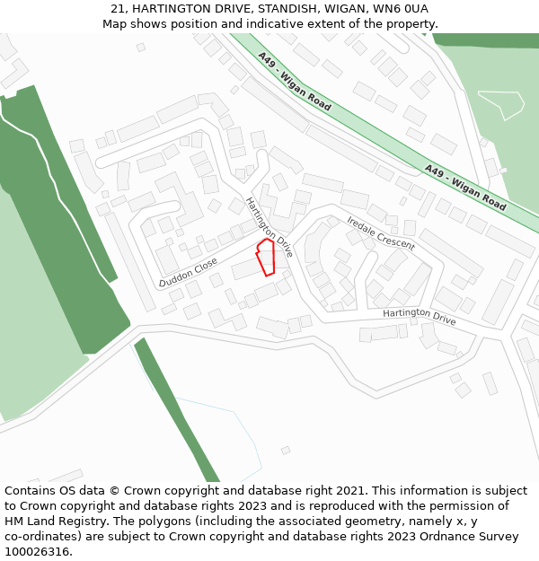 21, HARTINGTON DRIVE, STANDISH, WIGAN, WN6 0UA: Location map and indicative extent of plot