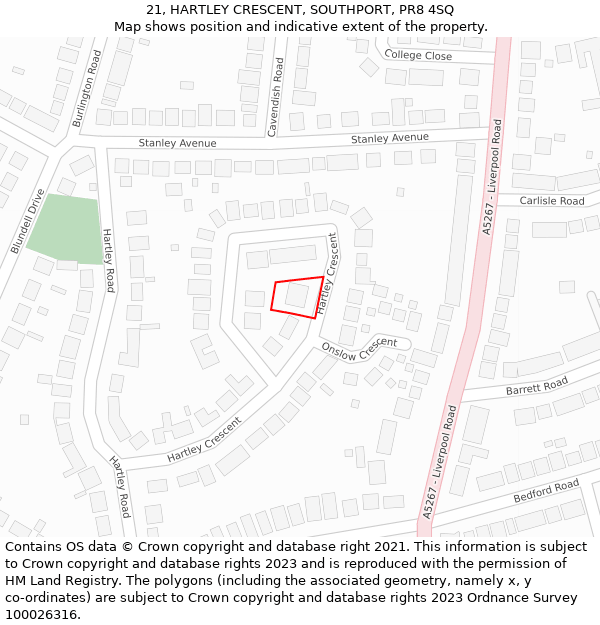 21, HARTLEY CRESCENT, SOUTHPORT, PR8 4SQ: Location map and indicative extent of plot