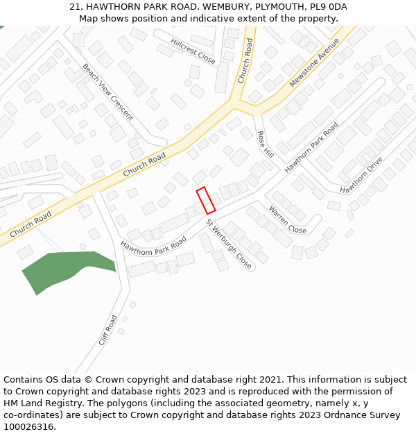 21, HAWTHORN PARK ROAD, WEMBURY, PLYMOUTH, PL9 0DA: Location map and indicative extent of plot