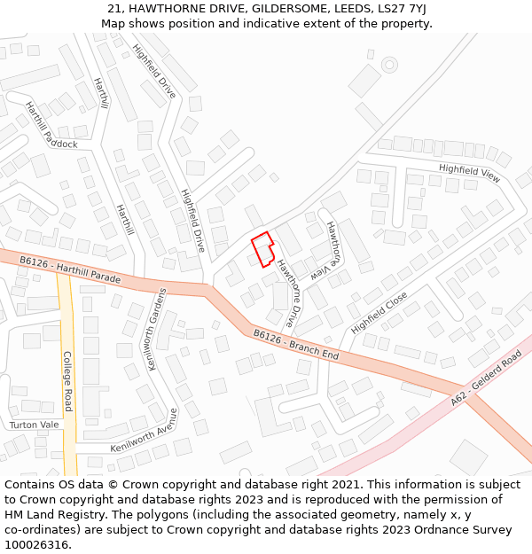 21, HAWTHORNE DRIVE, GILDERSOME, LEEDS, LS27 7YJ: Location map and indicative extent of plot