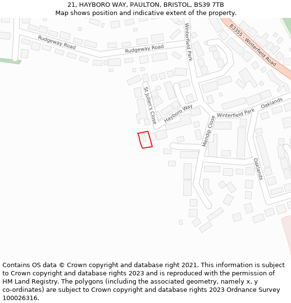 21, HAYBORO WAY, PAULTON, BRISTOL, BS39 7TB: Location map and indicative extent of plot