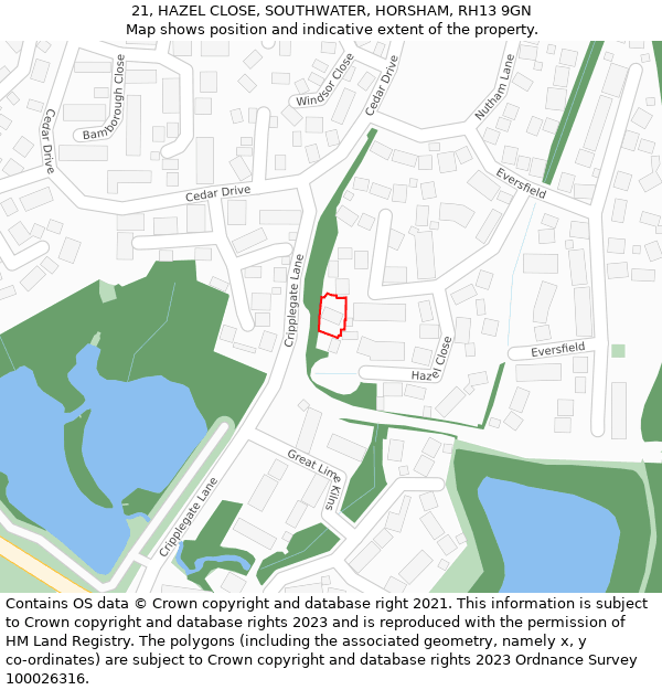 21, HAZEL CLOSE, SOUTHWATER, HORSHAM, RH13 9GN: Location map and indicative extent of plot