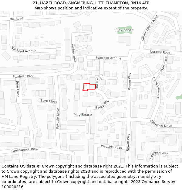 21, HAZEL ROAD, ANGMERING, LITTLEHAMPTON, BN16 4FR: Location map and indicative extent of plot