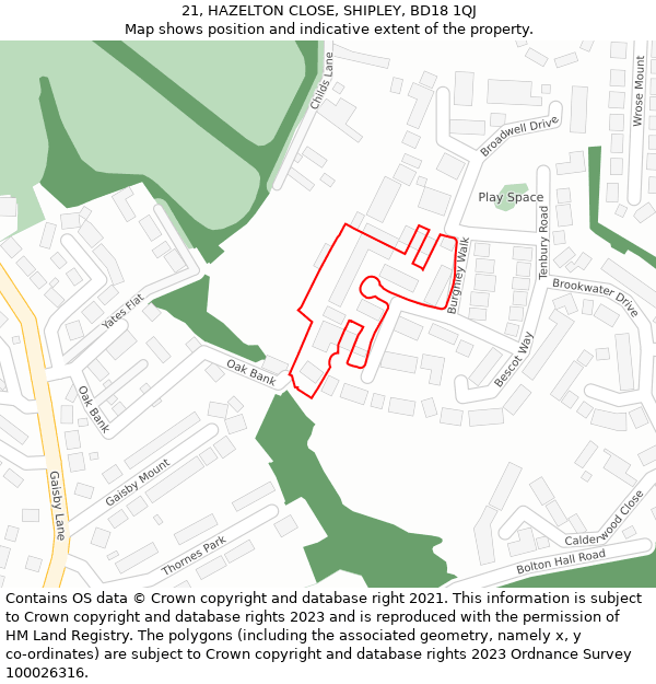 21, HAZELTON CLOSE, SHIPLEY, BD18 1QJ: Location map and indicative extent of plot