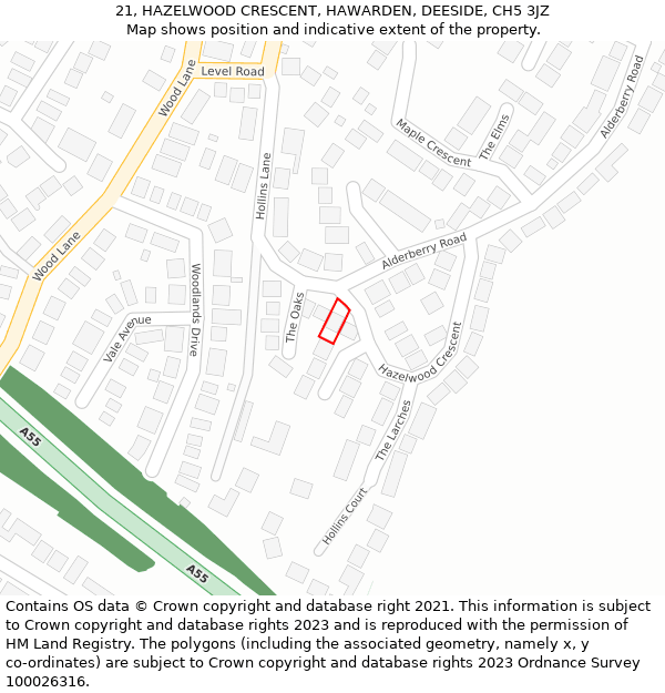 21, HAZELWOOD CRESCENT, HAWARDEN, DEESIDE, CH5 3JZ: Location map and indicative extent of plot