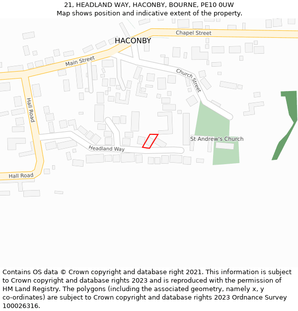 21, HEADLAND WAY, HACONBY, BOURNE, PE10 0UW: Location map and indicative extent of plot