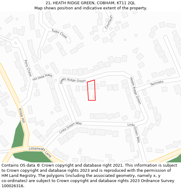 21, HEATH RIDGE GREEN, COBHAM, KT11 2QL: Location map and indicative extent of plot
