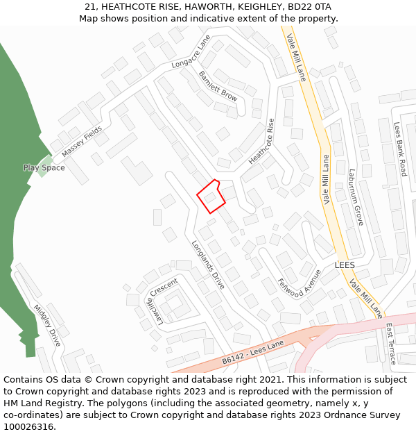 21, HEATHCOTE RISE, HAWORTH, KEIGHLEY, BD22 0TA: Location map and indicative extent of plot