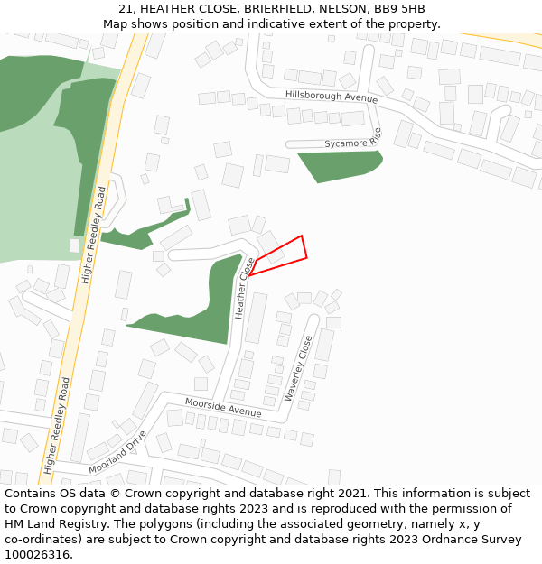 21, HEATHER CLOSE, BRIERFIELD, NELSON, BB9 5HB: Location map and indicative extent of plot