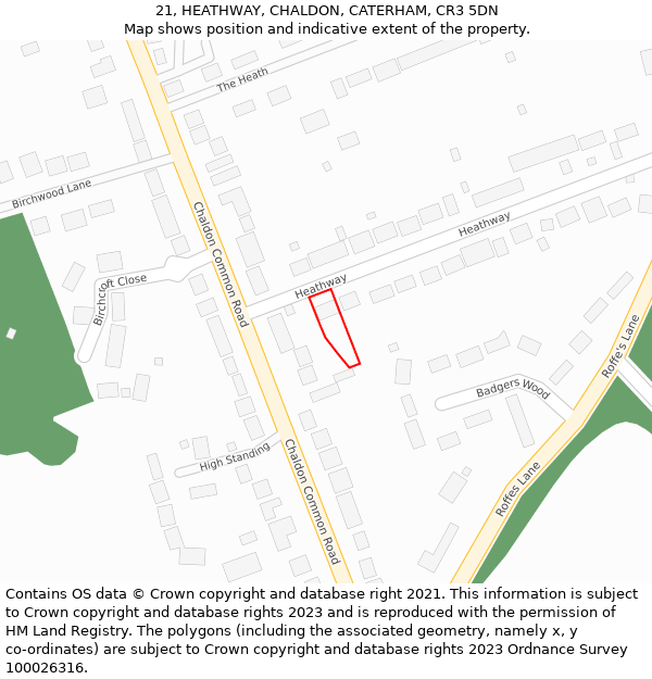 21, HEATHWAY, CHALDON, CATERHAM, CR3 5DN: Location map and indicative extent of plot