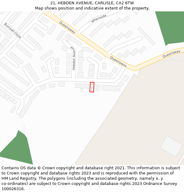 21, HEBDEN AVENUE, CARLISLE, CA2 6TW: Location map and indicative extent of plot