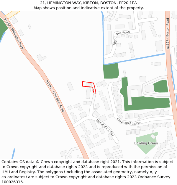 21, HEMINGTON WAY, KIRTON, BOSTON, PE20 1EA: Location map and indicative extent of plot