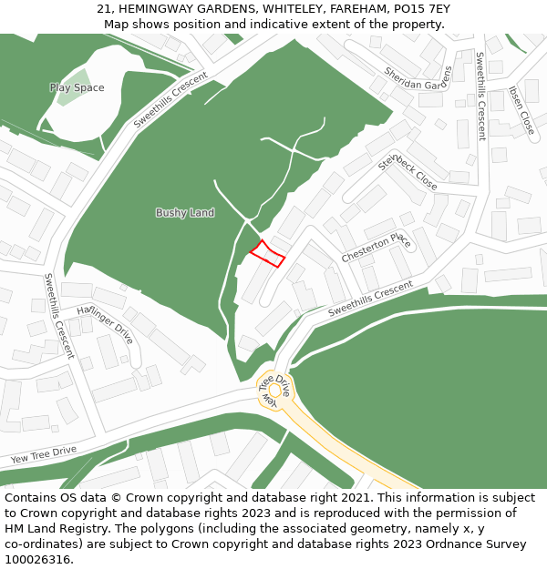 21, HEMINGWAY GARDENS, WHITELEY, FAREHAM, PO15 7EY: Location map and indicative extent of plot