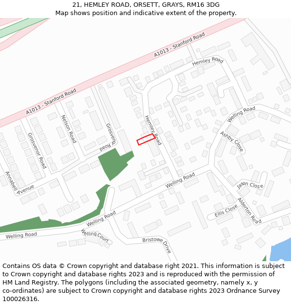 21, HEMLEY ROAD, ORSETT, GRAYS, RM16 3DG: Location map and indicative extent of plot